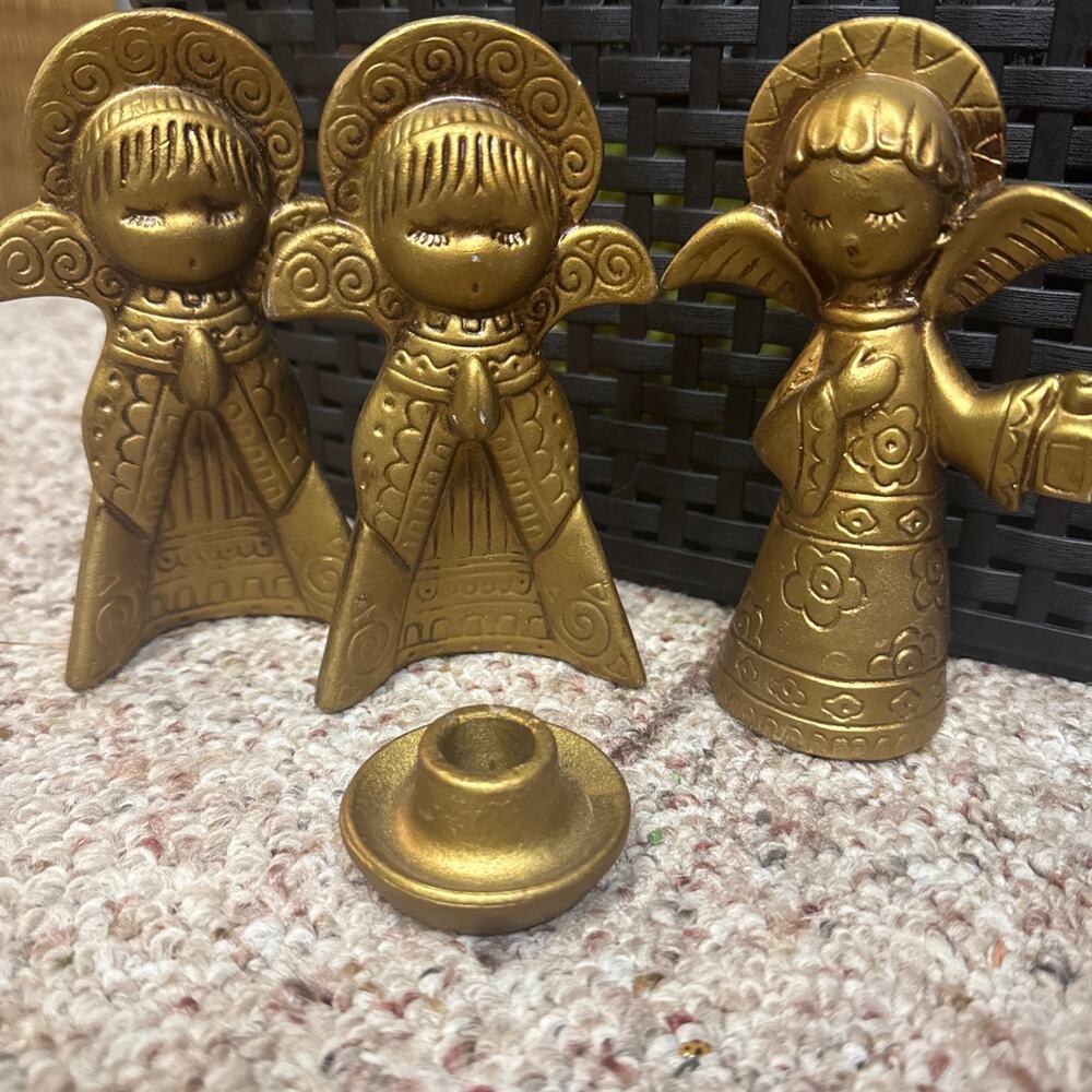 Vintage 1970s Christmas Angel Figurines Trio Matte Gold Candle Holder Holiday